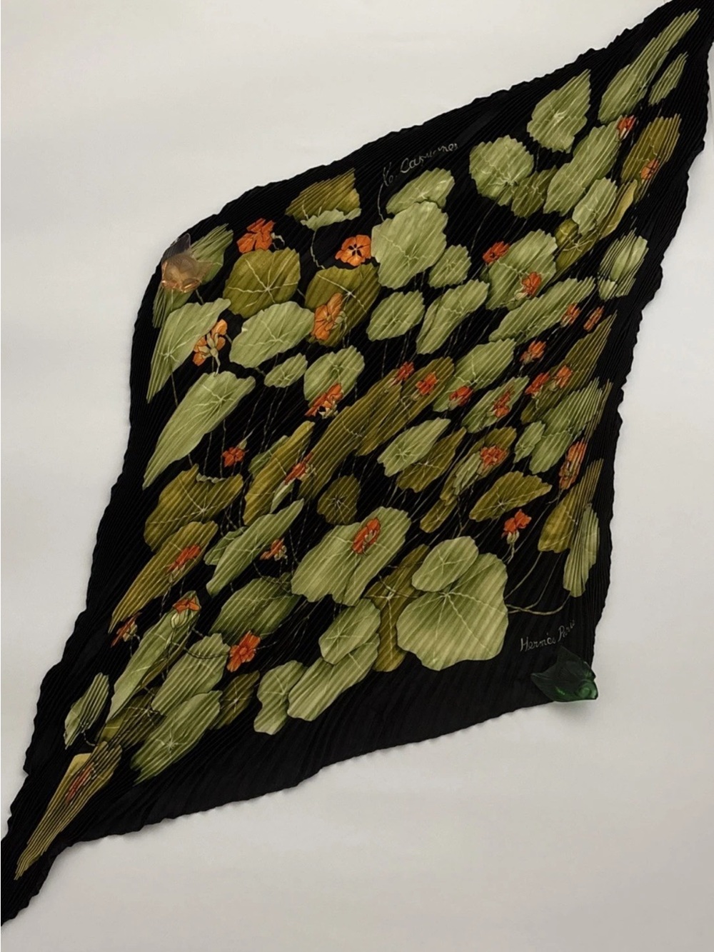 Hermes Plisse Les Capucines Black Scarf with Green Leaf & Orange Floral Print
